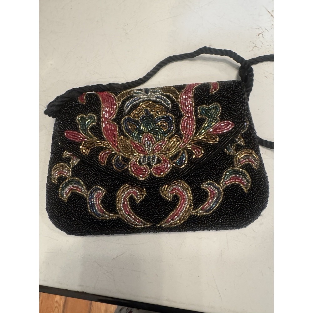 Vintage Lillian Vernon Evening‎ Purse Glass Bead Black Handbag Clutch Beaded